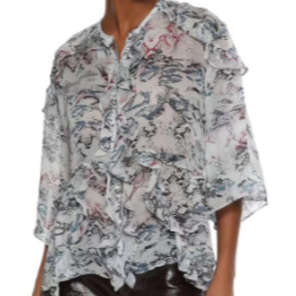 Iro Paris - Reopam Open-back Ruffled Snake-print Georgette Blouse In Light Gray - Picture 2 of 4